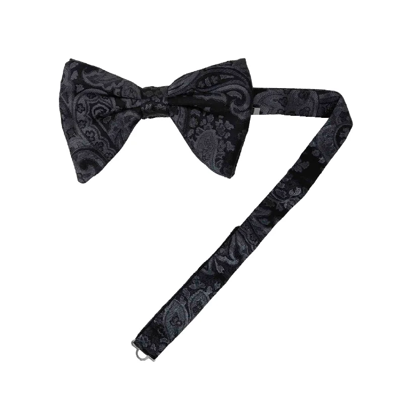 affordable silk bow ties for weddings-Black Paisley Pre-Tied Silk Butterfly Bow Tie