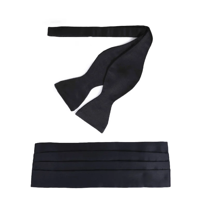 high-end wedding silk necktie designs-Black Satin Bow Tie & Cummerbund Set