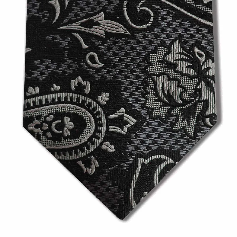 slim silk wedding necktie options-Black and Silver Silk Paisley Pattern Custom Tie