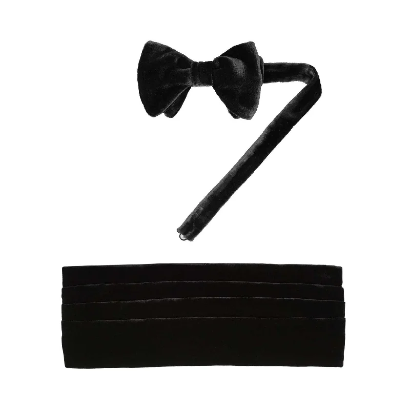 slim silk necktie combinations for office wear-Black Velvet Set: Cummerbund and Pre-Tied Bow Tie