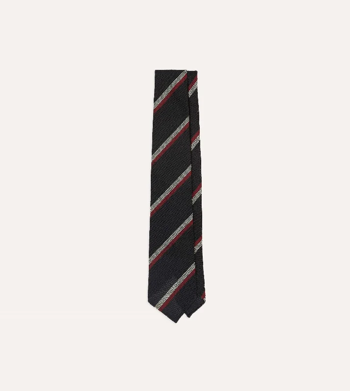 silk bow ties for office wear-Black, White and Red Stripe Hand Rolled Silk Grenadine Tie