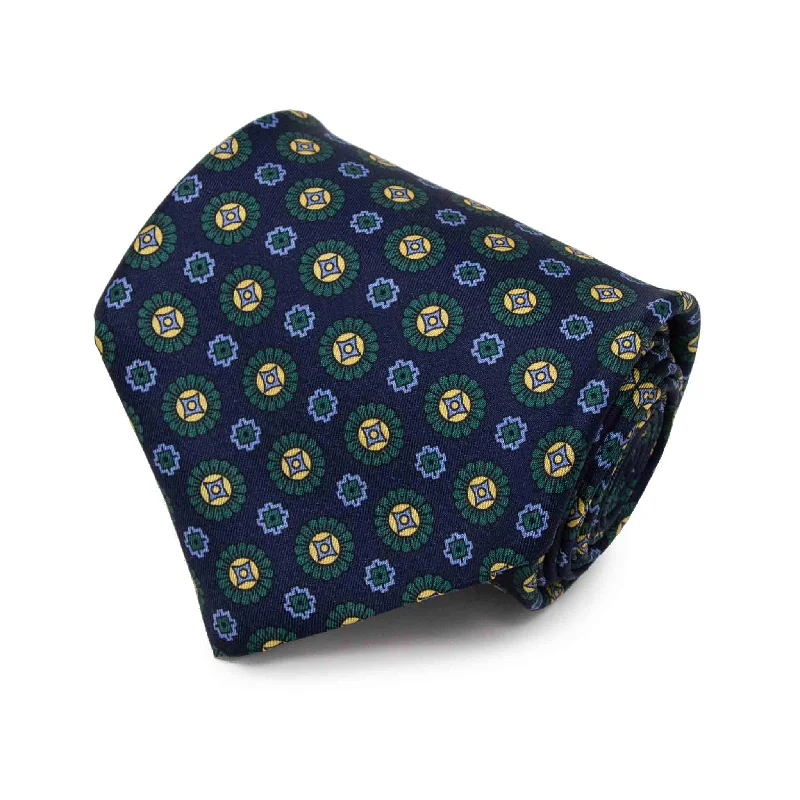 affordable silk wedding necktie combinations-Blue and Green Medallions Silk Tie