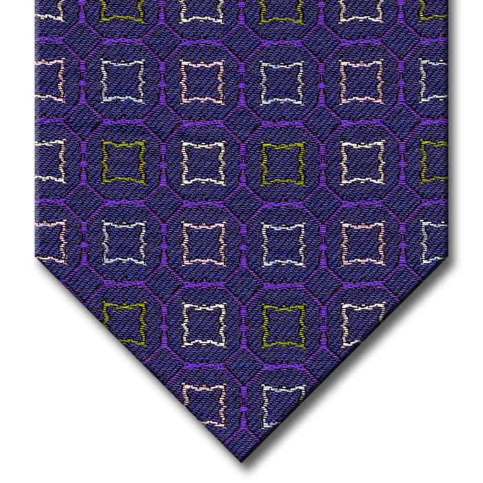 unique wedding necktie colors for men-Blue and Purple with Green, Silver and Pink Medallion Tie