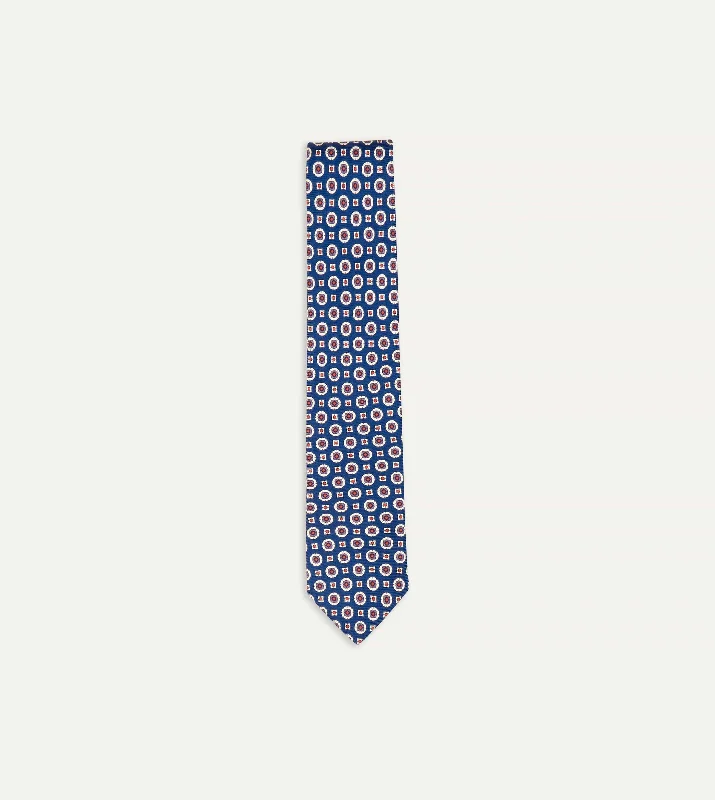 stylish silk necktie sets for office events-Blue and Red Geometric Medallion Print Silk Foulard Tie