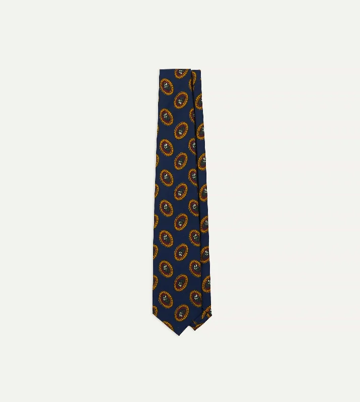 affordable silk necktie ideas for men-Blue Oval Medallion Print Silk Self Tipped Tie