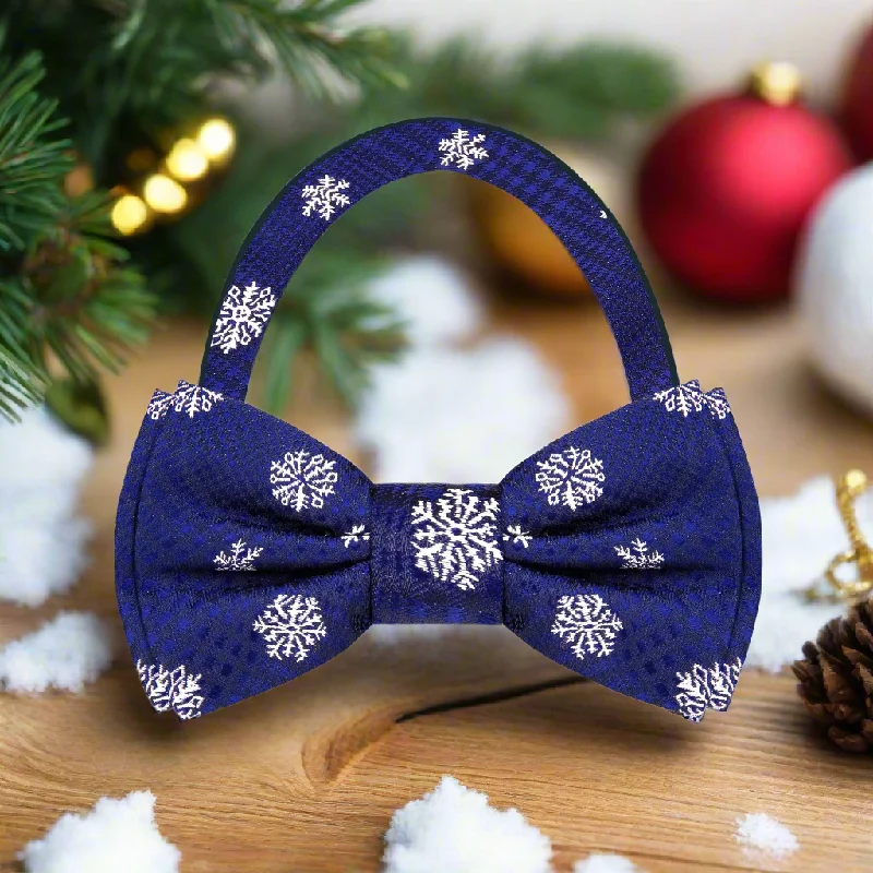 unique wedding necktie patterns for men-Blue Plaid with Snowflake Bow Tie