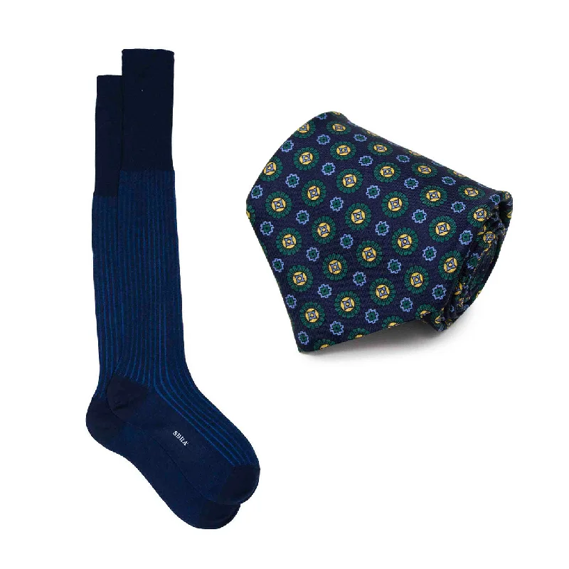 high-end silk necktie sets for weddings-Blue Silk Tie & Navy Cotton Striped Socks Set