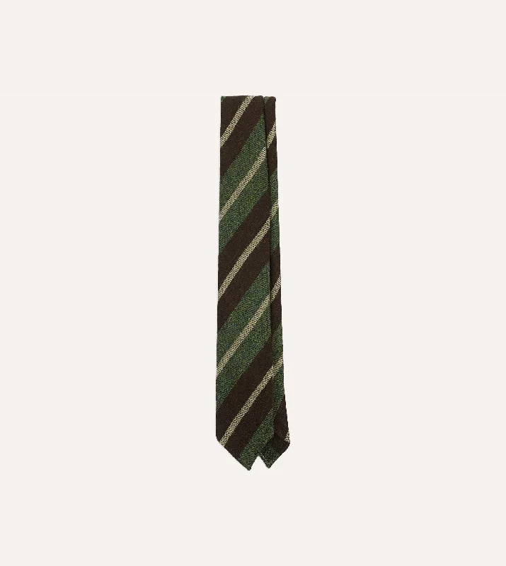 designer necktie sets for business meetings-Brown and Green Block Stripe Herringbone Hand Rolled Shetland Wool Tie