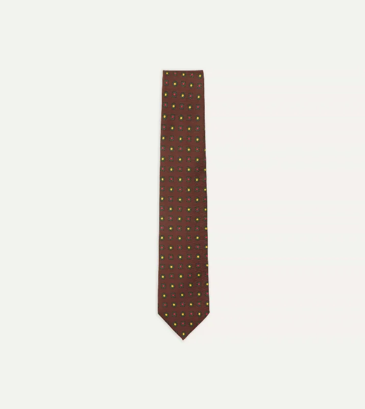 stylish wedding necktie ideas for men-Brown and Green Geometric Medallion Print Madder Twill Silk Tie