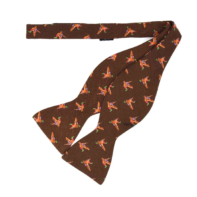 stylish wedding silk necktie combinations-Brown Wool Bow Tie with birds pattern