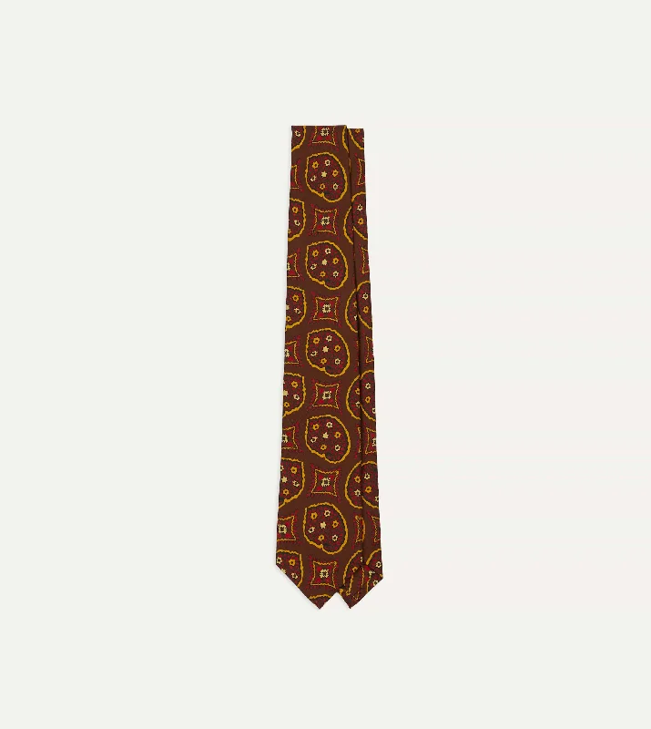 classic silk necktie patterns for weddings-Brown Exploded Paisley Print Silk Self Tipped Tie