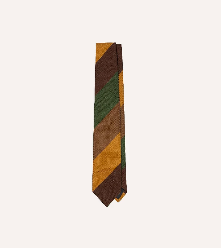 affordable silk necktie ideas for men-Brown, Green and Yellow Wide Stripe Repp Silk Cotton Tipped Tie