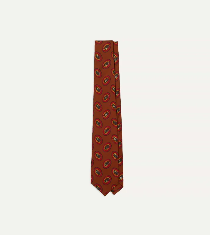 high-quality silk necktie designs for weddings-Brown Oval Medallion Print Silk Self Tipped Tie