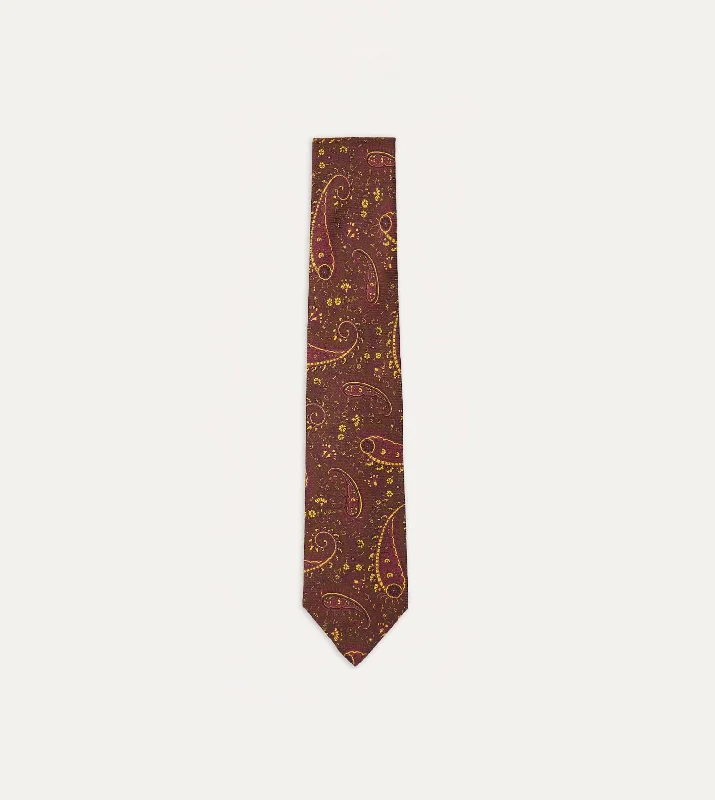 luxury silk necktie designs for office wear-Brown, Red and Yellow Paisley Print Madder Twill Silk Tie