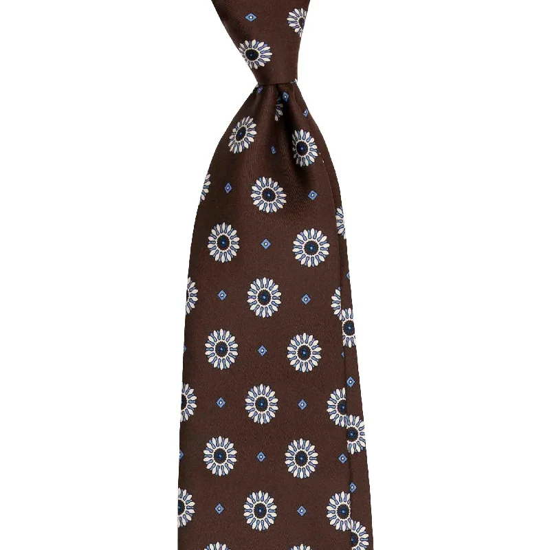 fashionable silk necktie sets for business wear-Brown Silk Tie with White Big Medallions