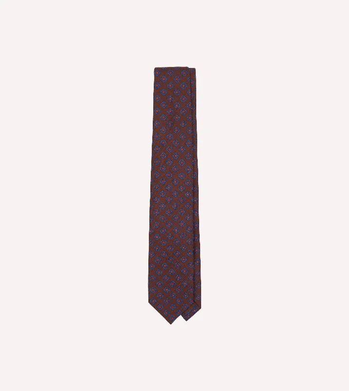 vibrant necktie options for office wear-Brown Square Flower Medallion Print Silk Self Tipped Tie