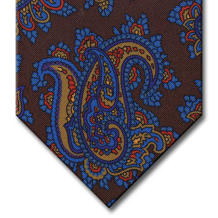 designer silk necktie sets for men-Brown with Blue and Gold Paisley Tie