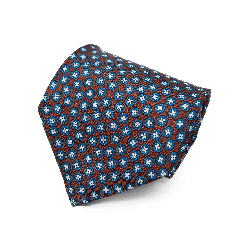 slim silk wedding necktie options-Brown with Blue Circles Pattern Silk Tie