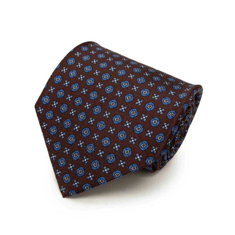 affordable designer silk bow ties-Brown with Blue Small Flowers Pattern Silk Tie