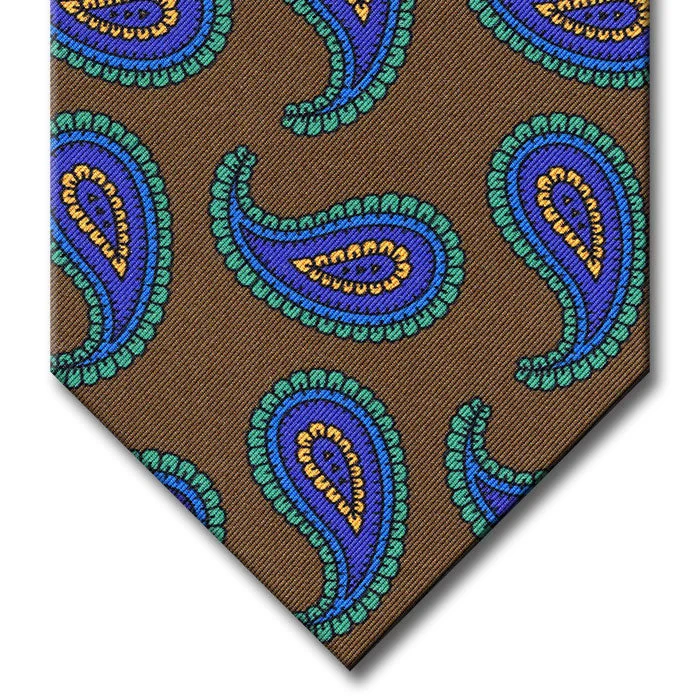 designer silk bow ties for weddings-Brown with Green and Navy Paisley Tie