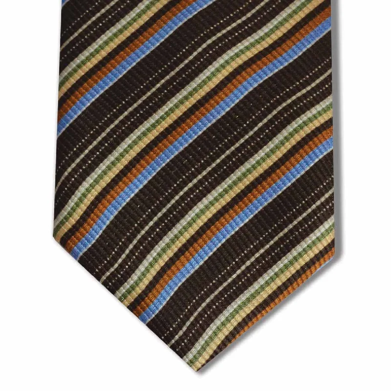 silk bow ties for office wear-Brown with Green, Yellow, Orange, and Blue Stripe Tie