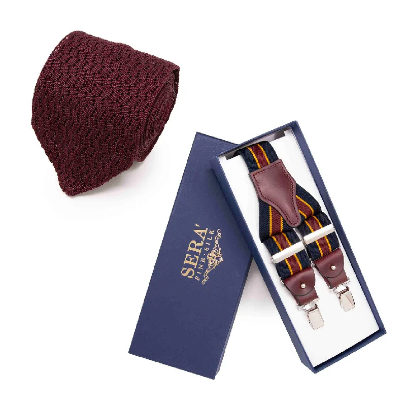 business silk tie sets for formal wear-Burgundy Knitted Silk Tie & Blue Elastic Suspenders Set