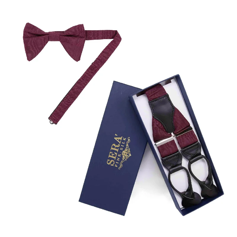 trendy wedding silk necktie designs-Burgundy Moiré Suspenders & Bow Tie Set