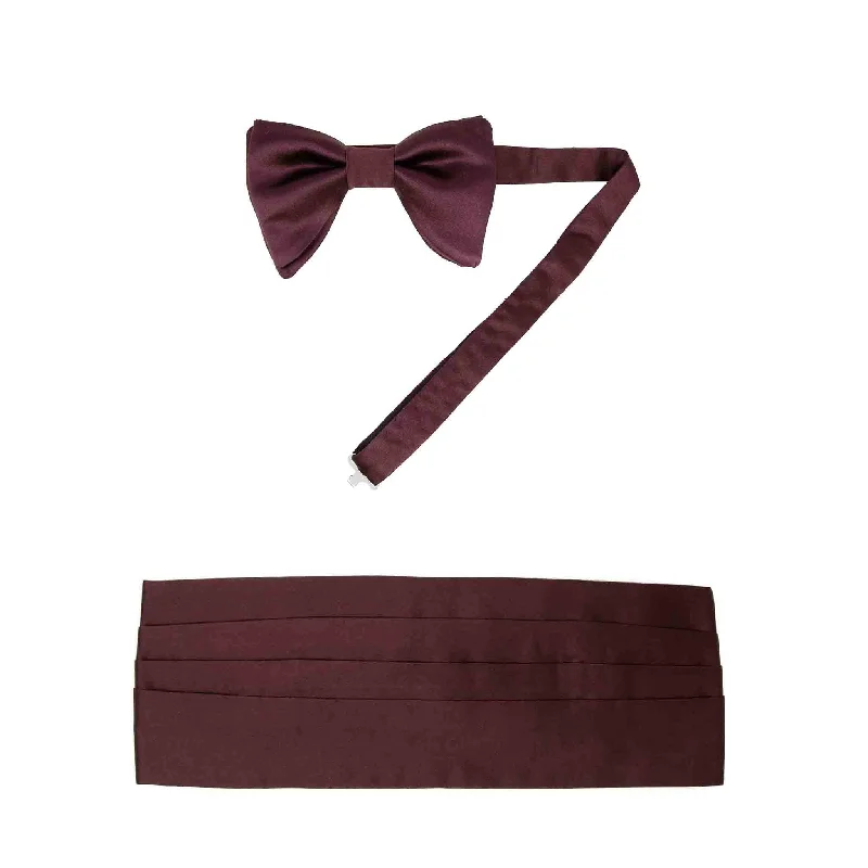 unique necktie designs for office wear-Burgundy Satin Bow Tie and Cummerbund Set