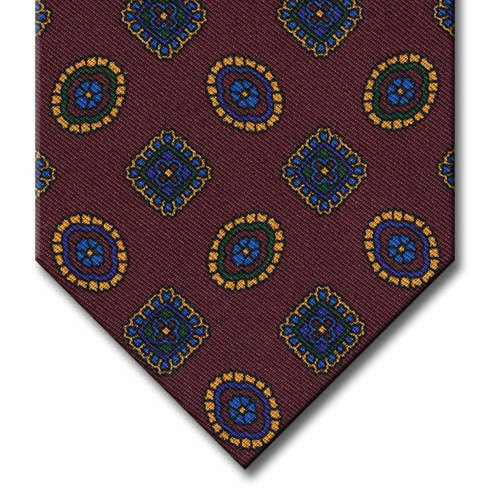 modern office silk necktie designs-Burgundy with Blue and Gold Geometric Pattern Tie