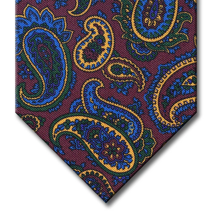 luxury silk neckties for weddings-Burgundy with Blue and Gold Paisley Tie