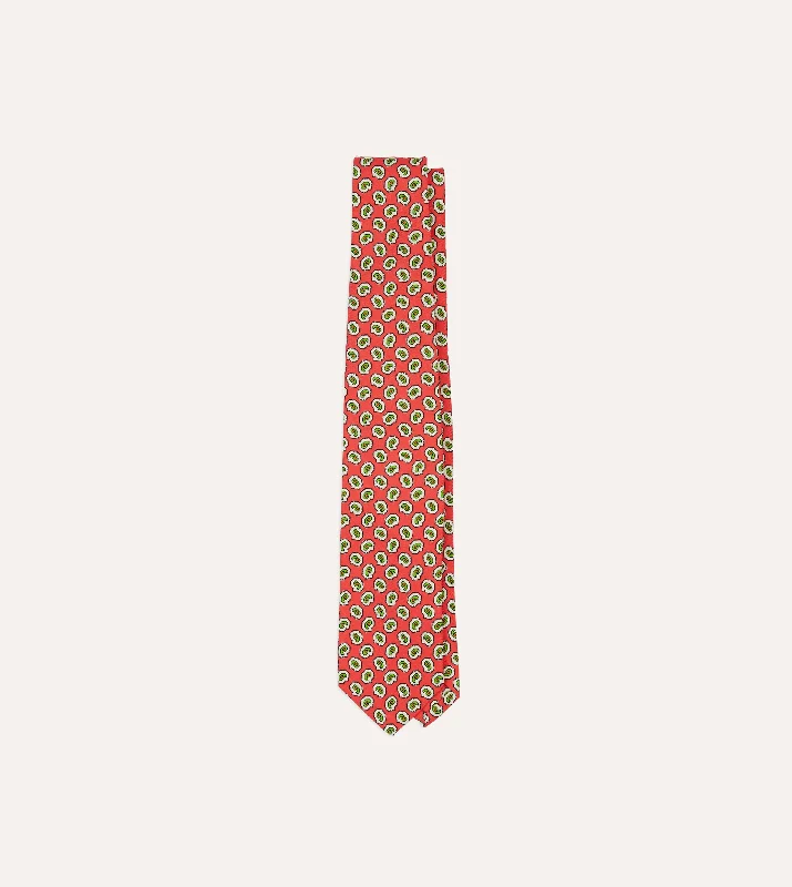 affordable slim silk ties for men-Coral Small Paisley Leaf Print Silk Self Tipped Tie