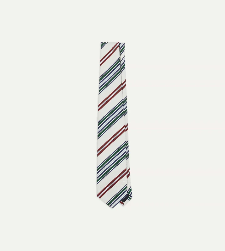 business silk necktie designs for weddings-Ecru and Green Multi Stripe Mogador Tipped Tie