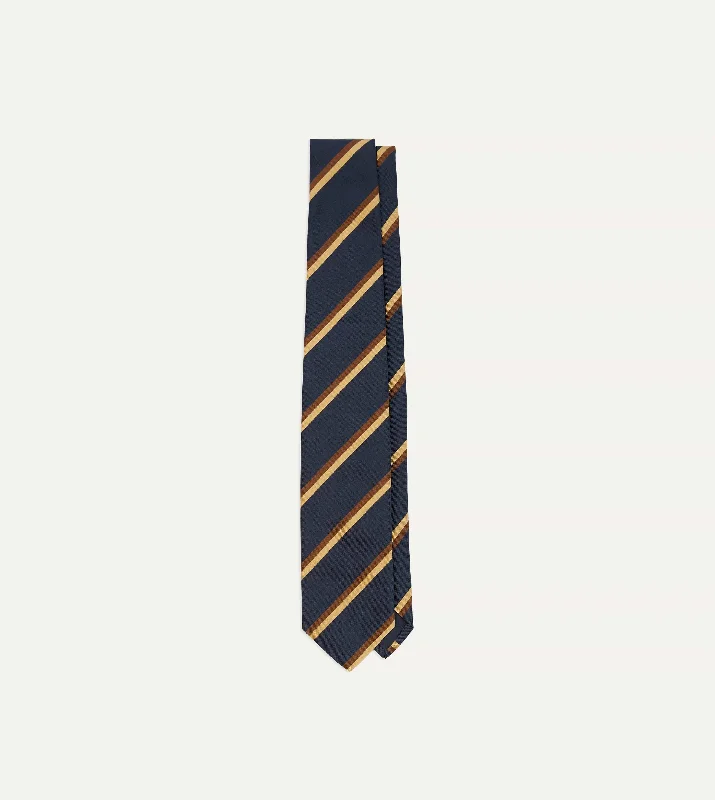 modern office silk necktie designs-Navy, Gold and Brown Double Stripe Mogador Silk Tipped Tie