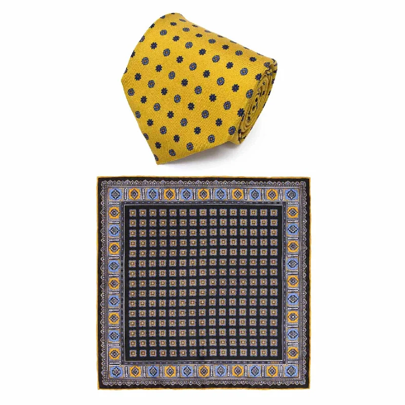 premium business silk tie sets-Gold Yellow Silk Tie & Blackberry Primitivo Pocket Square Set