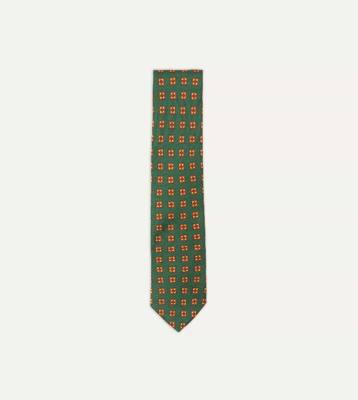 modern wedding necktie sets for men-Green and Gold Diamond Medallion Print Madder Twill Silk Tie