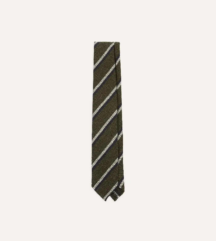 affordable business silk necktie styles-Green and Navy Sandwich Stripe Hand Rolled Shetland Wool Tie