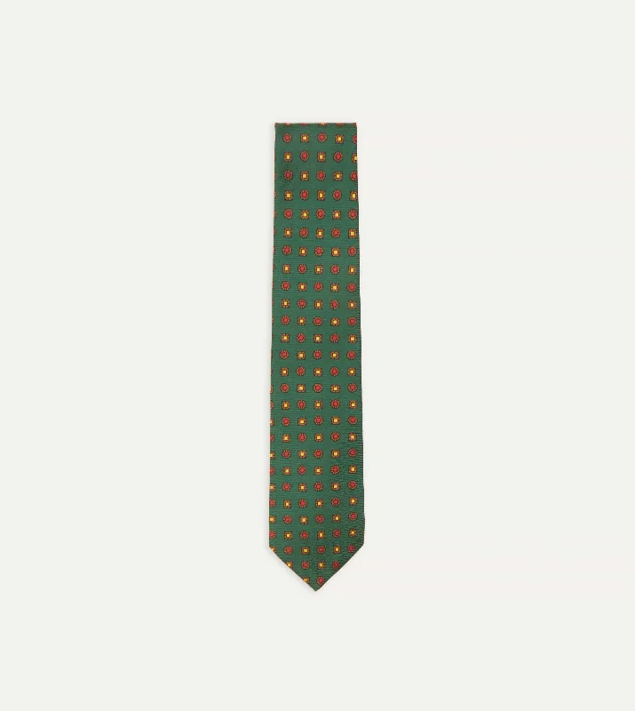 affordable silk necktie options for business wear-Green and Red Geometric Medallion Print Madder Twill Silk Tie