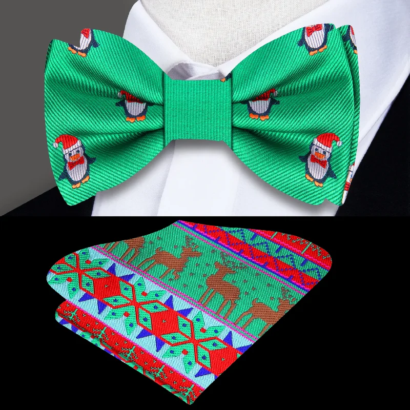 unique necktie designs for office wear-Green Christmas Penguins Bow Tie