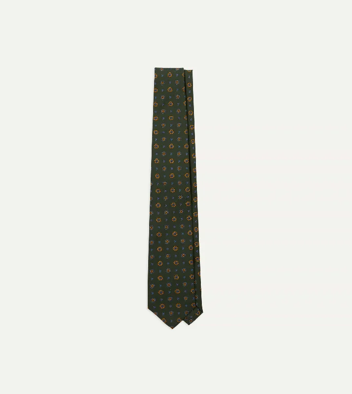 affordable business silk necktie options-Green Medallion Print 36oz Madder Silk Self Tipped Tie