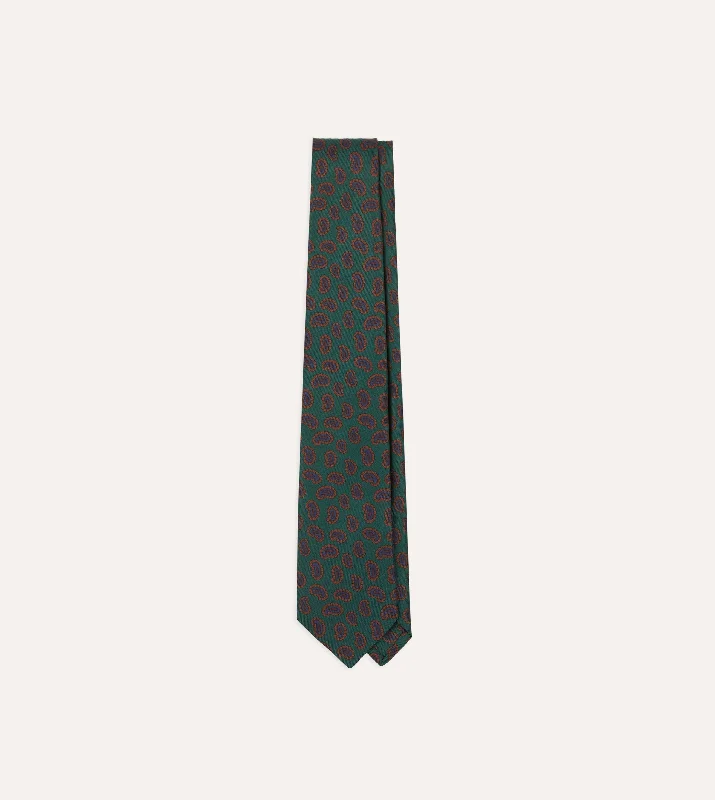 designer silk necktie packs for office wear-Green Paisley Leaf Print Silk Hand-Rolled Tie