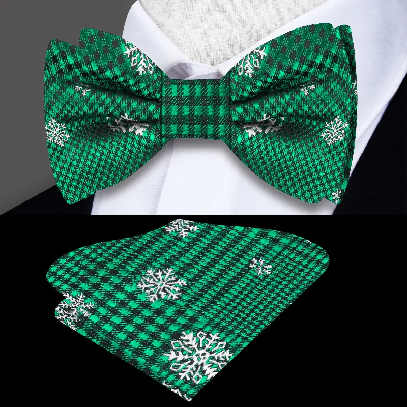 high-end silk necktie designs for office wear-Green Plaid with Snowflake Bow Tie