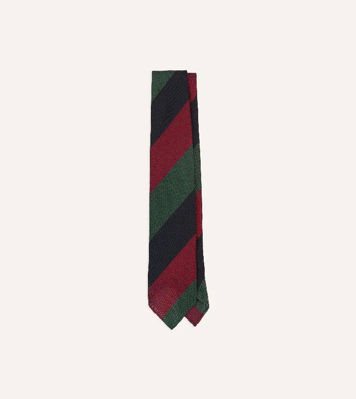 stylish silk ties for wedding parties-Green, Red and Navy Wide Stripe Hand Rolled Silk Grenadine Tie