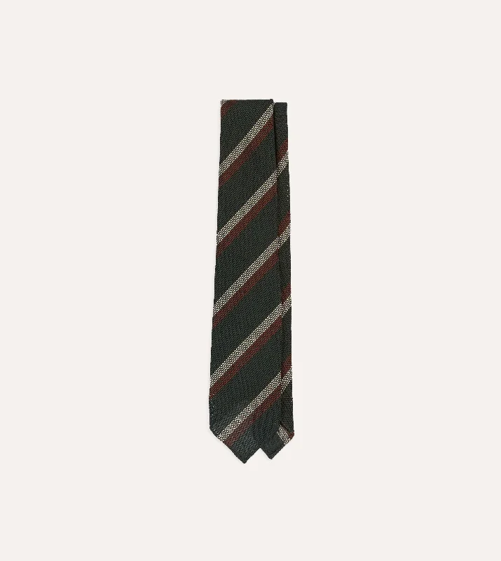 premium silk necktie colors for office wear-Green, White and Brown Double Stripe Hand Rolled Silk Grenadine Tie