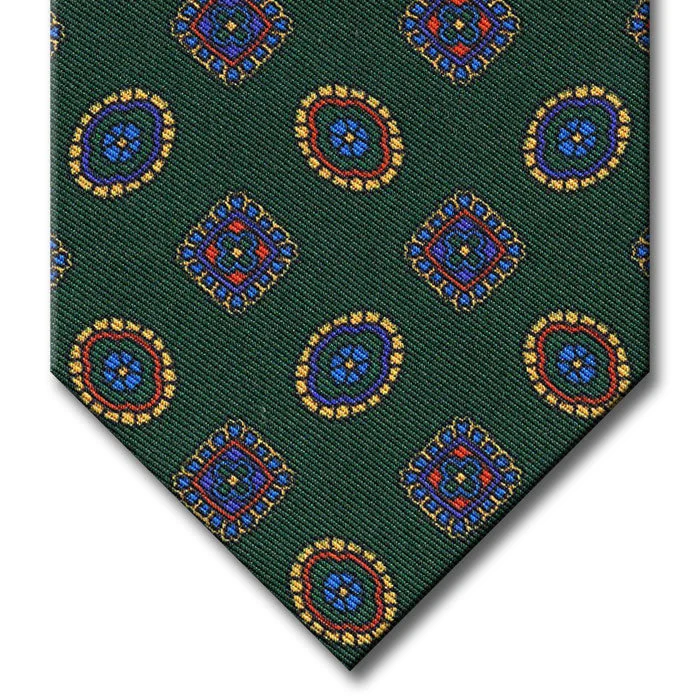 stylish patterned silk ties for business wear-Green with Blue and Gold Geometric Pattern Tie