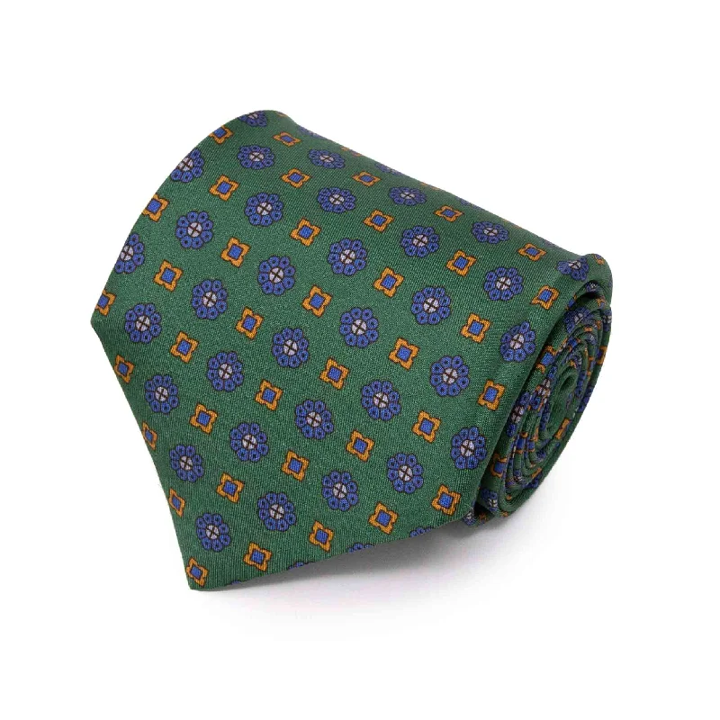 premium silk necktie patterns for weddings-Green with Blue Flowers Pattern Silk Tie