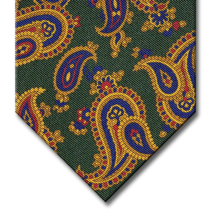 premium silk ties for office wear-Green with Gold and Navy Paisley Tie