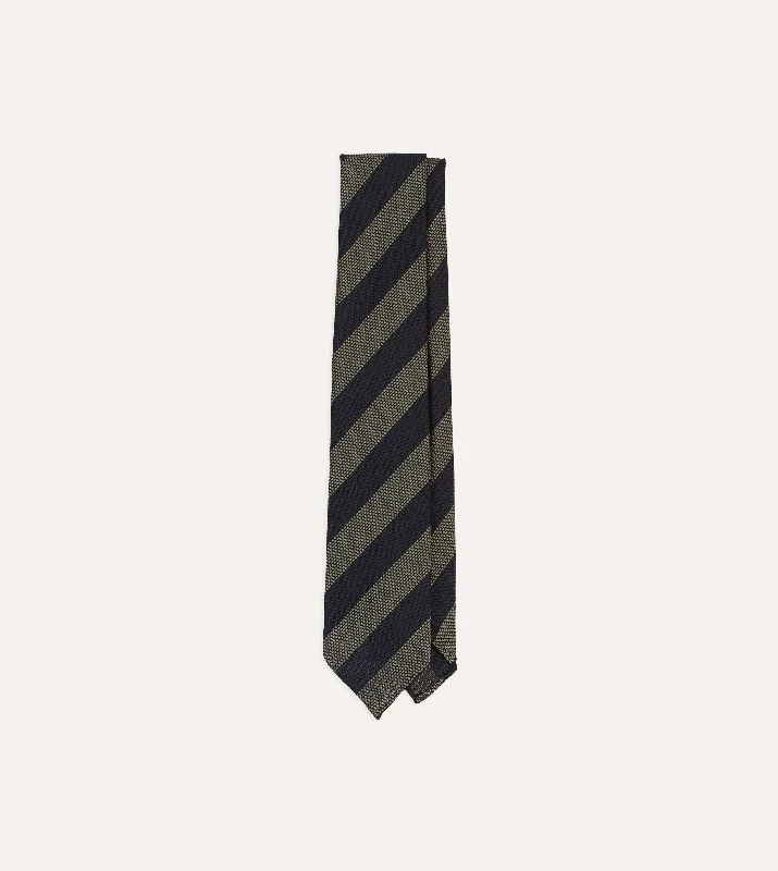 silk necktie designs for professional wear-Khaki and Navy Block Stripe Hand Rolled Silk Grenadine Tie