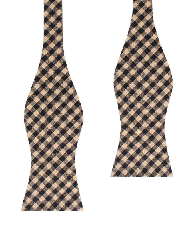 luxurious wedding silk necktie designs-Khaki Black Gingham Blend Self Bow Tie