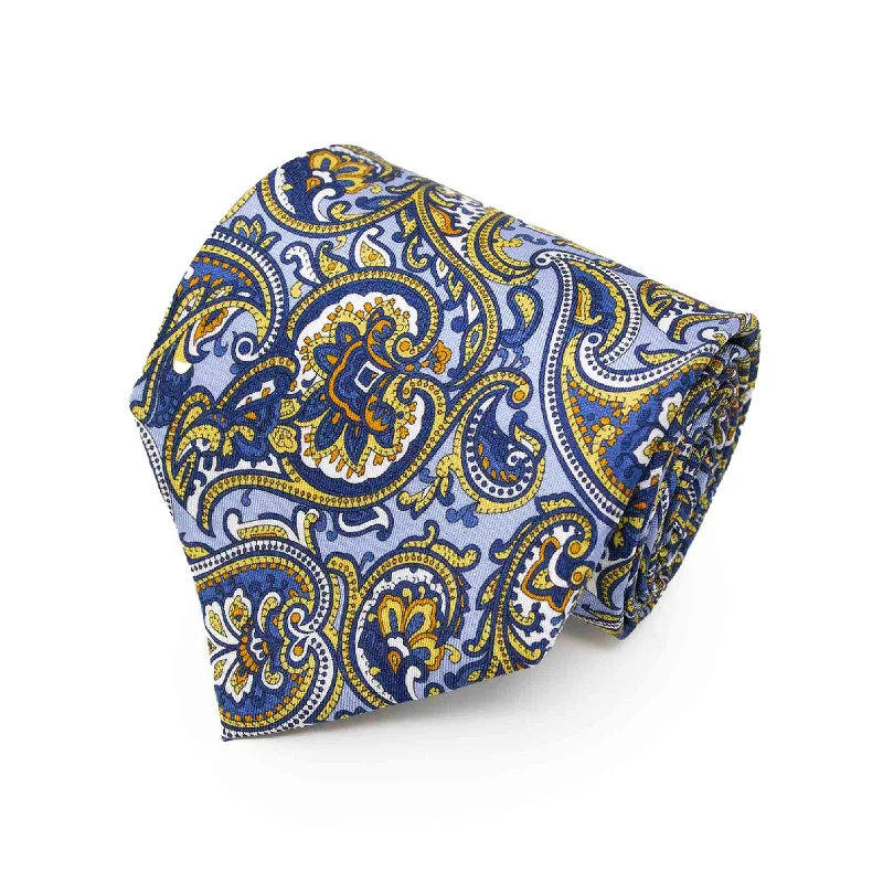 stylish wedding necktie ideas for men-Light Blue and Yellow Big Paisley Silk Tie