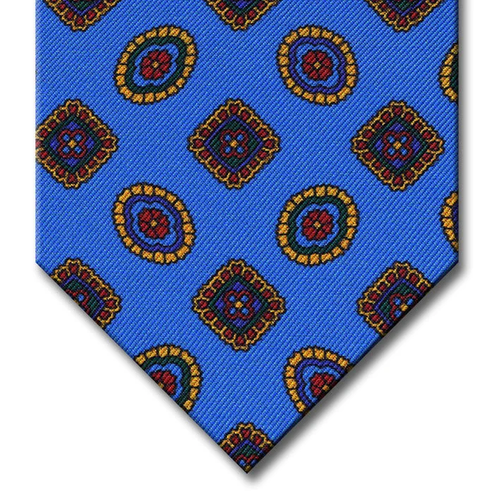 vibrant wedding necktie colors for men-Light Blue with Gold and Red Geometric Pattern Tie